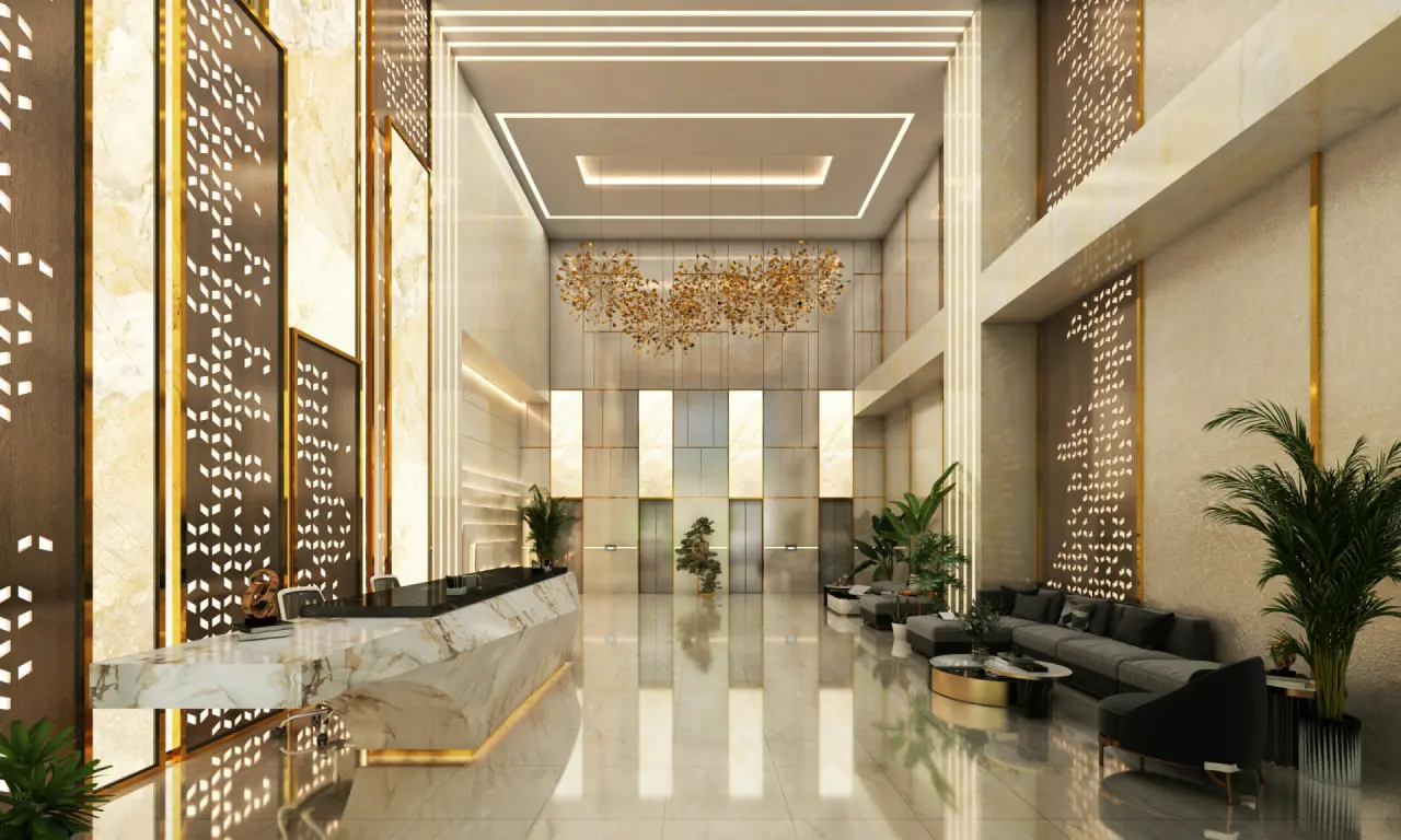 Elegante Hotellobby mit Marmorboden und Rezeption