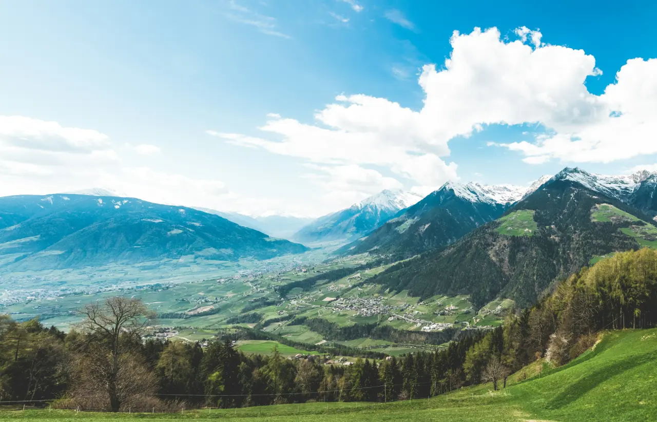 Blick über das Meraner Talbecken zu verschneiten Gipfeln