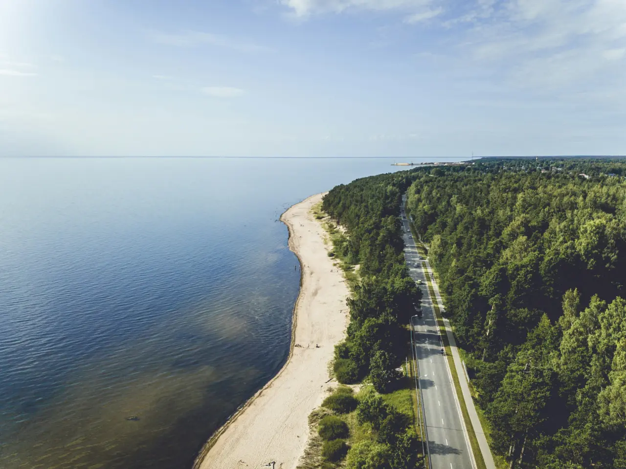 Sandstrand und Küstenwald an der Ostsee aus der Luft