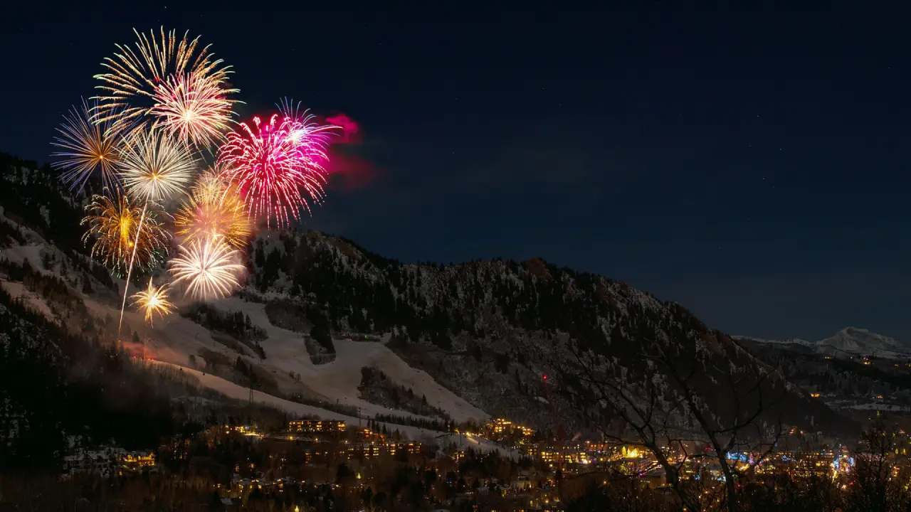 Feuerwerk über einem Bergort bei Nacht