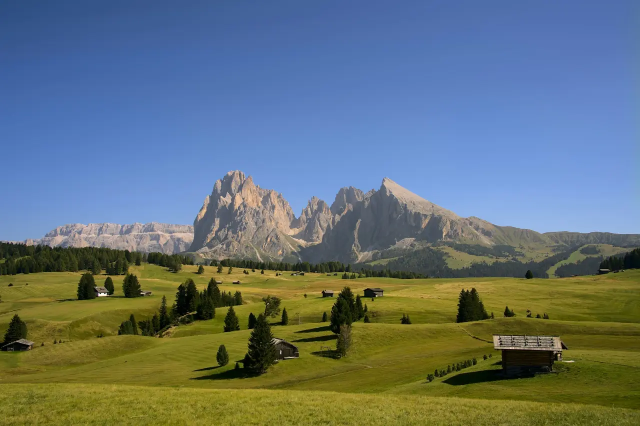 Seiser Alm mit Almhütten vor Lang- und Plattkofel