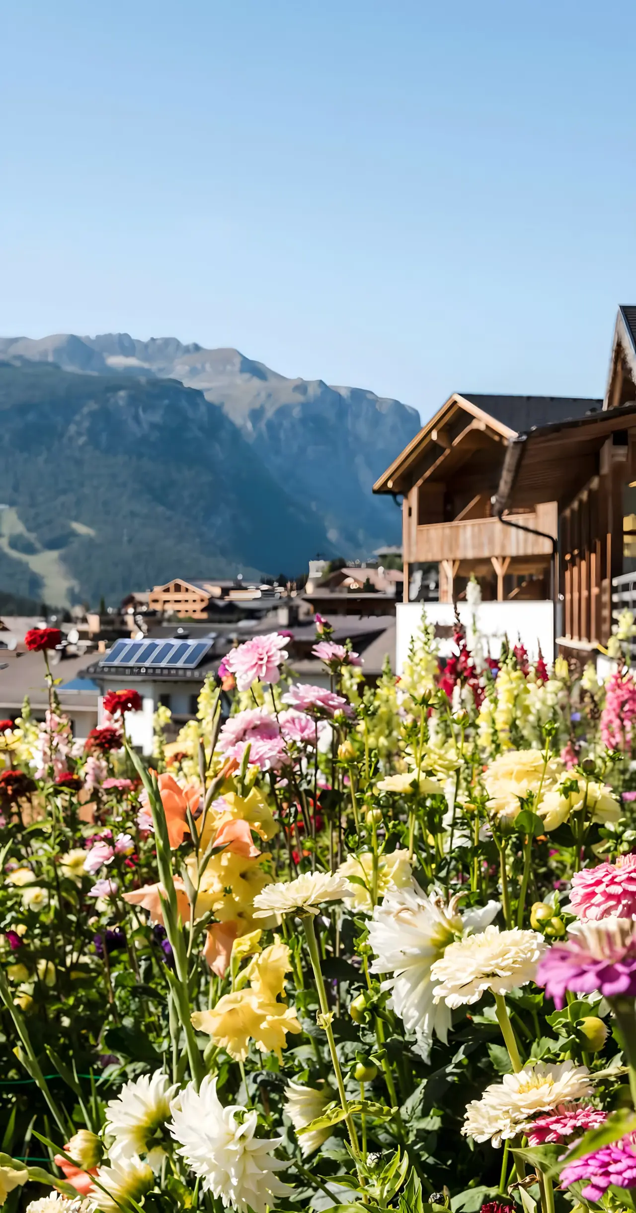 Hotel Stoeres in La Villa – Farbenprächtiger Hotelgarten mit Alpenblumen und Dolomitenblick | Wellnesshotel Dolomiten