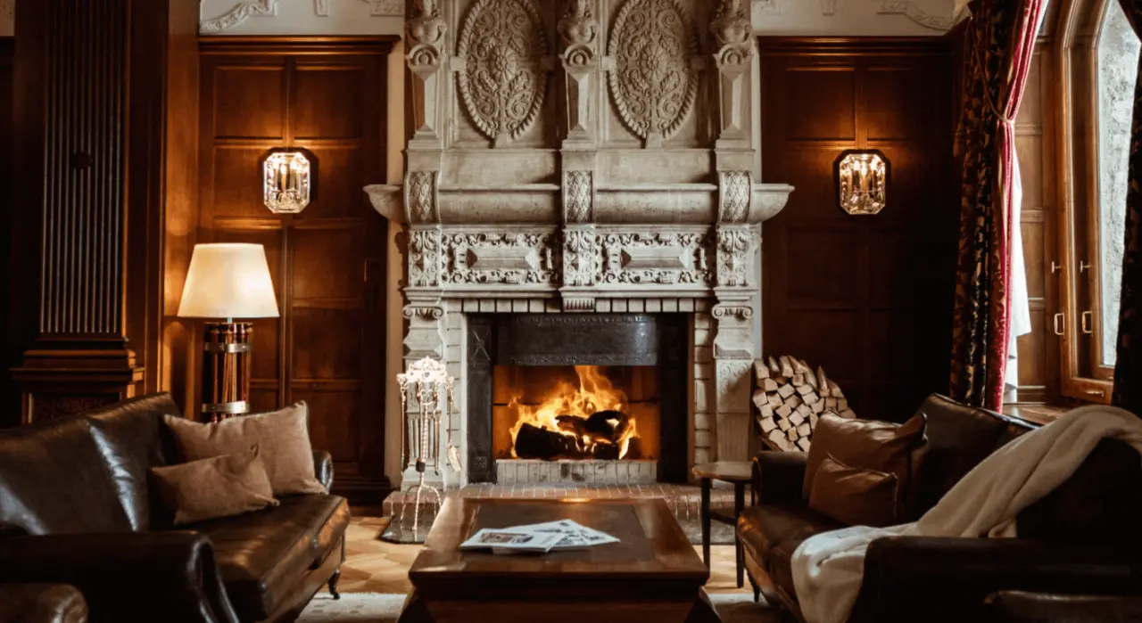 Carlton Hotel in St. Moritz – Gemütliche Lobby mit Kamin und luxuriösen Ledersofas | Wellnesshotel Engadin