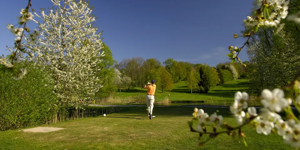 Wald & Schlosshotel Friedrichsruhe in Zweiflingen – Golfer auf dem grünen Golfplatz im Frühling | Wellnesshotel Hohenlohe