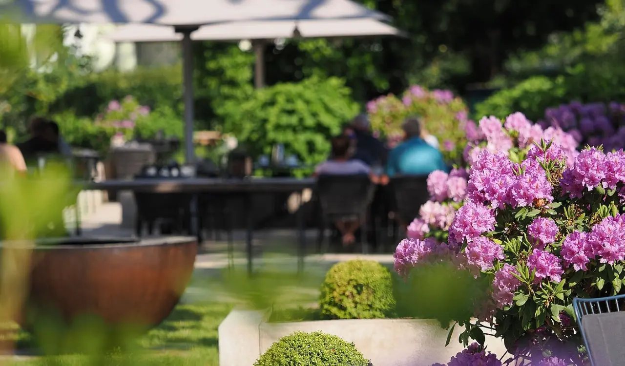 Upstalsboom Hotel Ostseestrand in Heringsdorf – Dachaufsicht auf die grüne Hotelterrasse | Wellnesshotel Ostsee