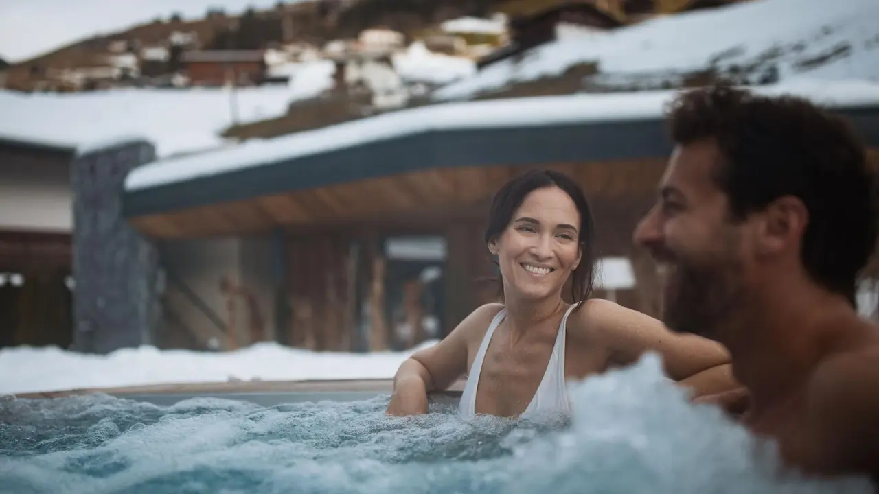 Hotel Alpin Spa Tuxerhof in Tux – Paar entspannt im Outdoor-Whirlpool im Schnee | Wellnesshotel Zillertal
