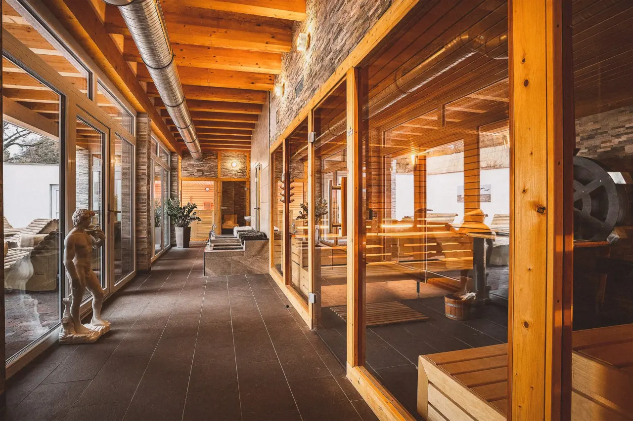 Hotel Badehof in Bad Salzschlirf – Moderner Saunabereich mit Glasfronten und Holzdesign | Wellnesshotel Hessen