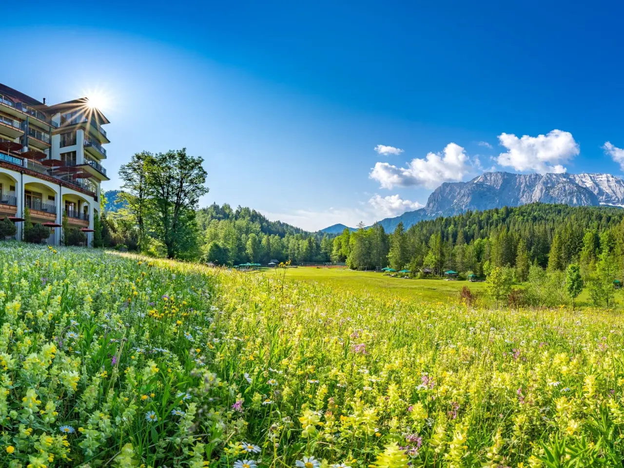 Schloss Elmau in Krün – Hotelgebäude umgeben von einer blühenden Bergwiese | Wellnesshotel Bayern