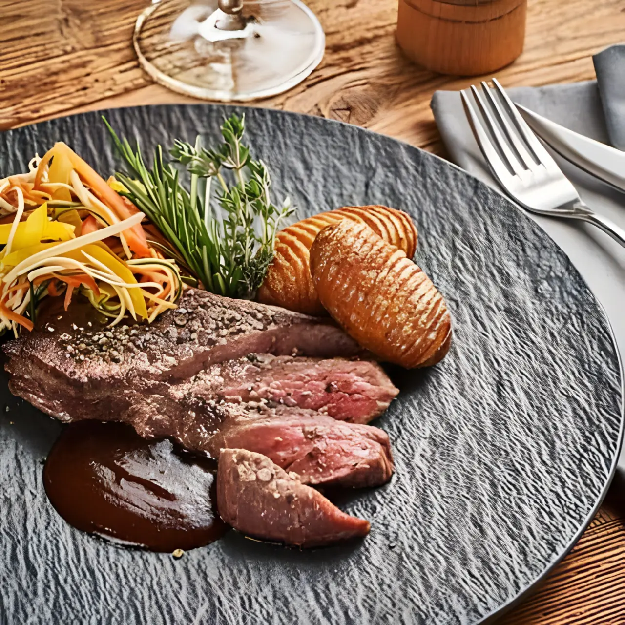 Wellness Hotel Zum Bräu in Kollnburg – Gourmet-Steak mit Beilagen auf Schieferplatte | Wellnesshotel Bayerischer Wald
