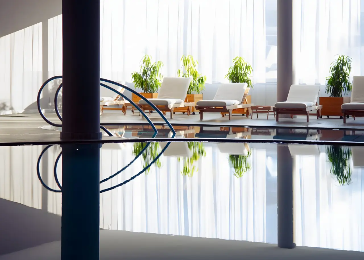 Schgaguler Hotel in Kastelruth – Heller Innenpoolbereich mit Liegen und Pflanzen | Wellnesshotel Südtirol