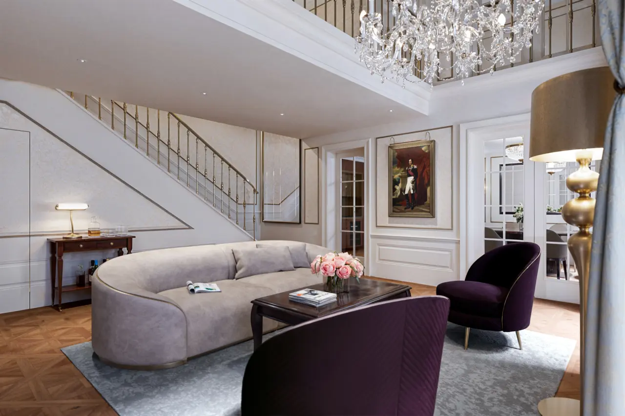 Palais Coburg Residenz in Wien – Geräumiger Wohnbereich einer luxuriösen Suite | Wellnesshotel Wien