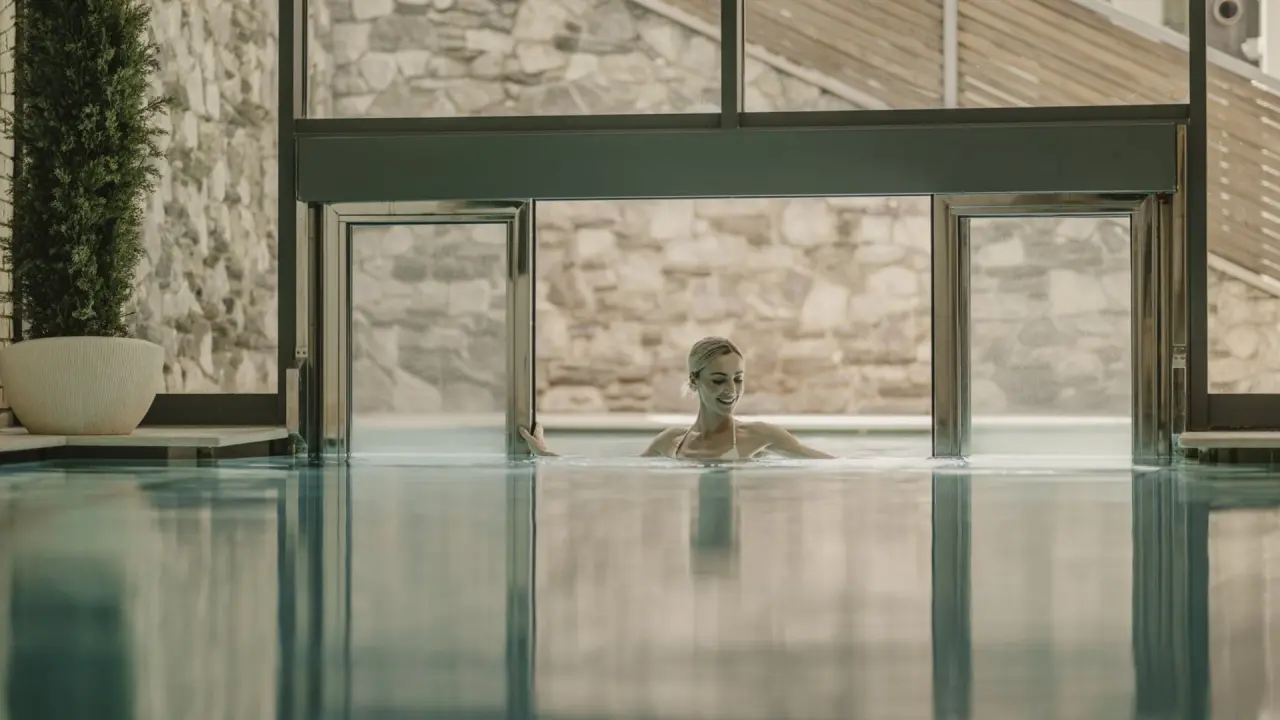 Savoy Dolomites Luxury Hotel in Wolkenstein in Gröden – Frau im luxuriösen Innen-Außenpool | Wellnesshotel Dolomiten