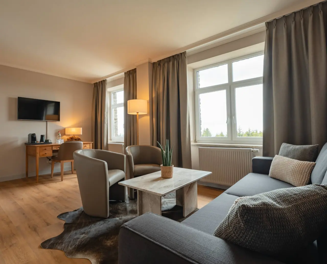 Relaxhotel Sachsenbaude in Oberwiesenthal – Heller Wohnbereich einer Suite mit bequemen Sitzmöbeln | Wellnesshotel Erzgebirge