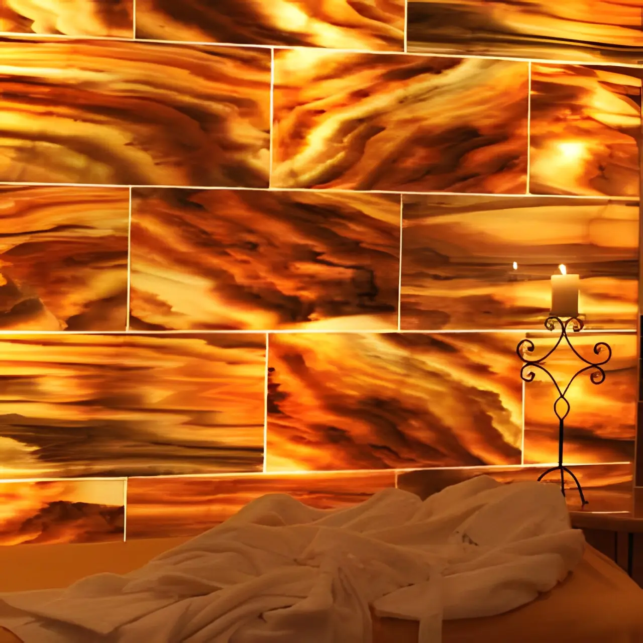 Der Kleinwalsertaler Rosenhof in Mittelberg – Entspannungsbereich mit beleuchteter Onyxwand und Kerze | Wellnesshotel Kleinwalsertal