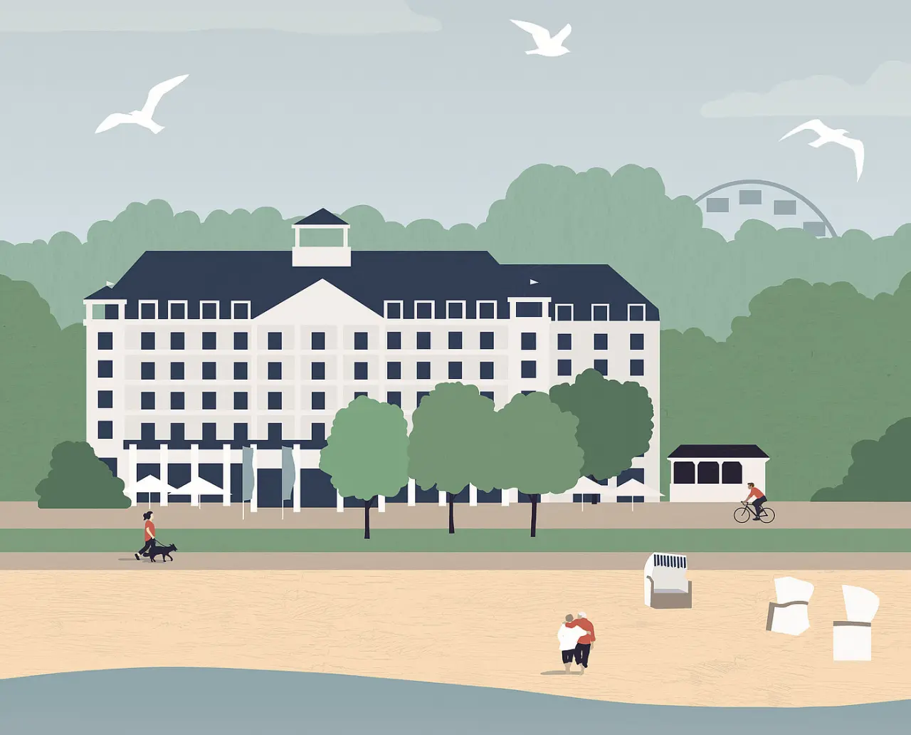 Upstalsboom Hotelresidenz & Spa Kühlungsborn in Kühlungsborn – Illustration des Hotels am Strand | Wellnesshotel Ostsee