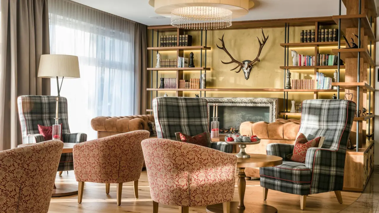 Das Rübezahl in Schwangau – Gemütliche Hotellounge mit Bibliothek und Kamin | Wellnesshotel Allgäu