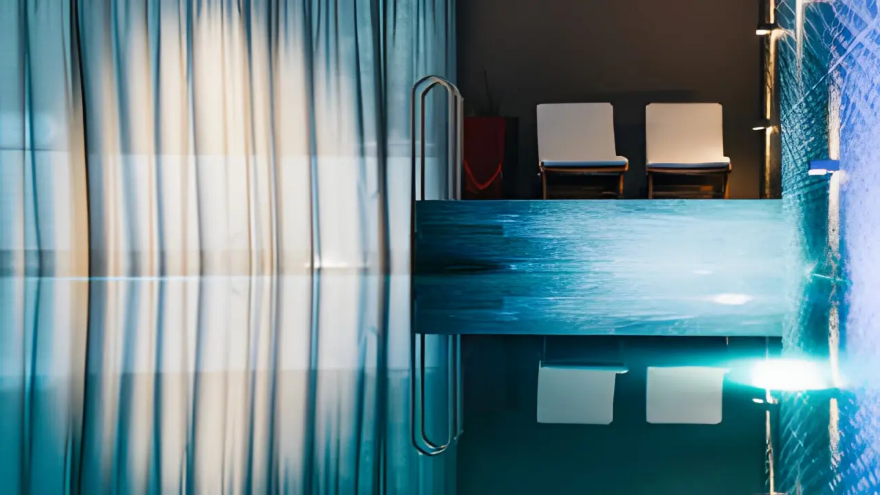 Peaks Place Apartment-Hotel & Spa in Laax – Abstrakte Ansicht des Poolbereichs mit blauer Beleuchtung | Wellnesshotel Graubünden