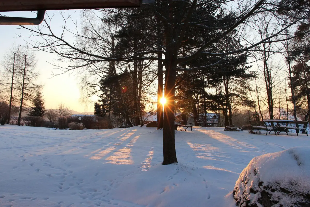 Gesundheitshotel Klosterberg in Langschlag – Winterlandschaft mit Sonnenuntergang und verschneiten Bäumen | Wellnesshotel Waldviertel