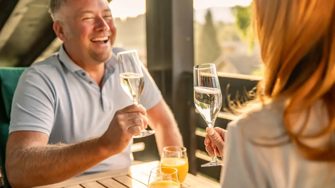 La Val Hotel & Spa in Brigels – Paar stößt bei Sonnenuntergang auf dem Balkon an | Wellnesshotel Graubünden