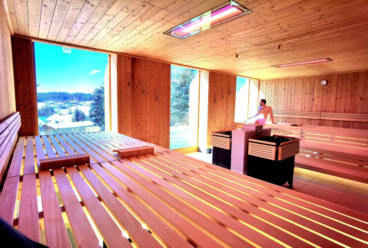 Hotel & Residence Hochriegel in Klingenbrunn – Panorama-Sauna mit Ausblick auf die Winterlandschaft | Wellnesshotel Bayerischer Wald