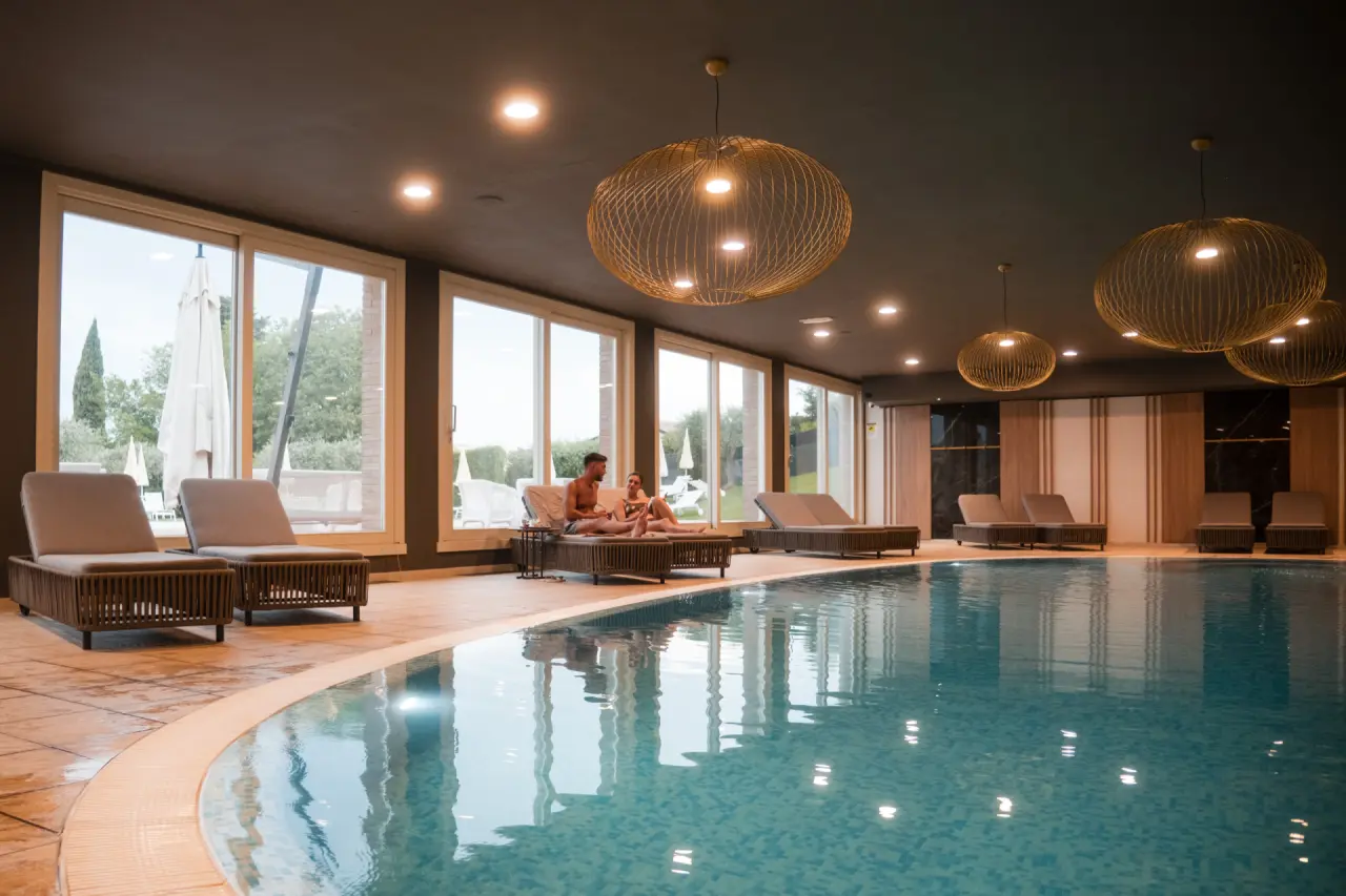 Boffenigo - The Golden Hour in Garda – Moderner Innenpool mit entspanntem Paar | Wellnesshotel Gardasee