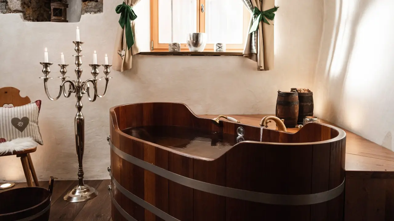 matill - timeless boutique retreat in Latsch – Rustikale Holzbottich-Badewanne mit Kerzenlicht | Wellnesshotel Südtirol