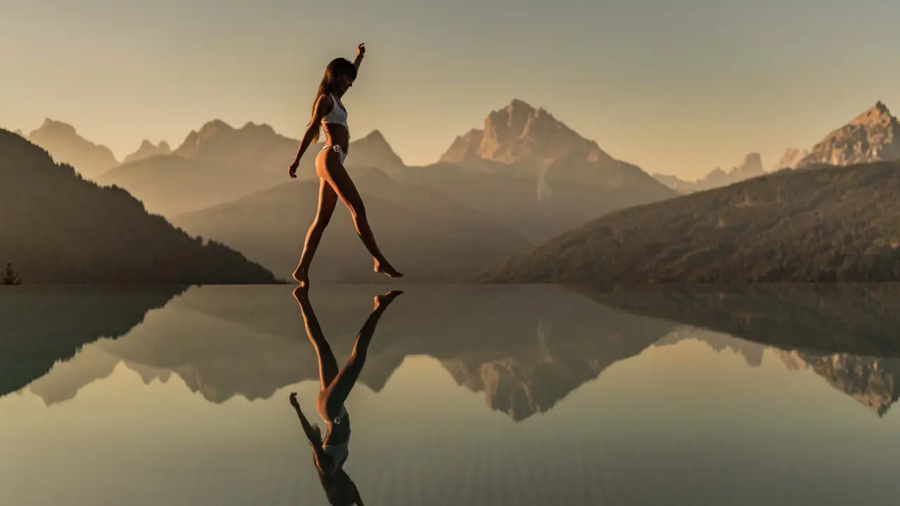 Hotel Alpen Tesitin in Toblach – Frau am Infinity-Pool mit Bergkulisse im Sonnenuntergang | Wellnesshotel Südtirol