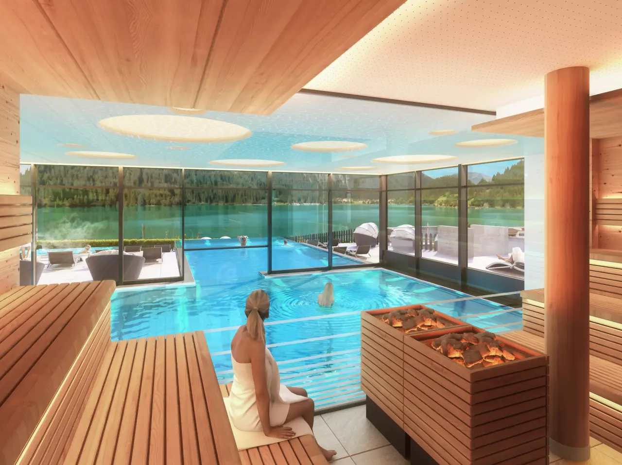 haldensee Naturerlebnis- und Wellnesshotel in Nesselwängle – Wellnessbereich mit Innenpool, Sauna und Panoramablick auf den Haldensee | Wellnesshotel Tirol