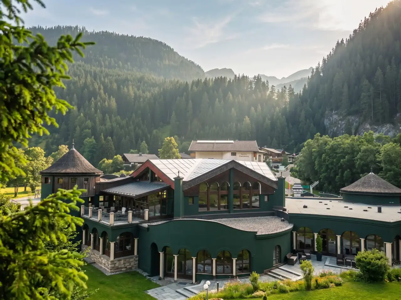 Hotel Alpenrose in Elbigenalp – Hotelgebäude eingebettet in grüne Berglandschaft | Wellnesshotel Lechtal