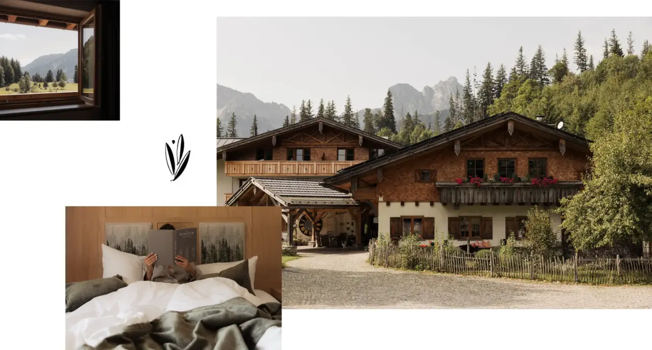 Schlossanger Alp in Pfronten – Collage mit Außenansicht, Zimmer und Logo | Wellnesshotel Allgäu