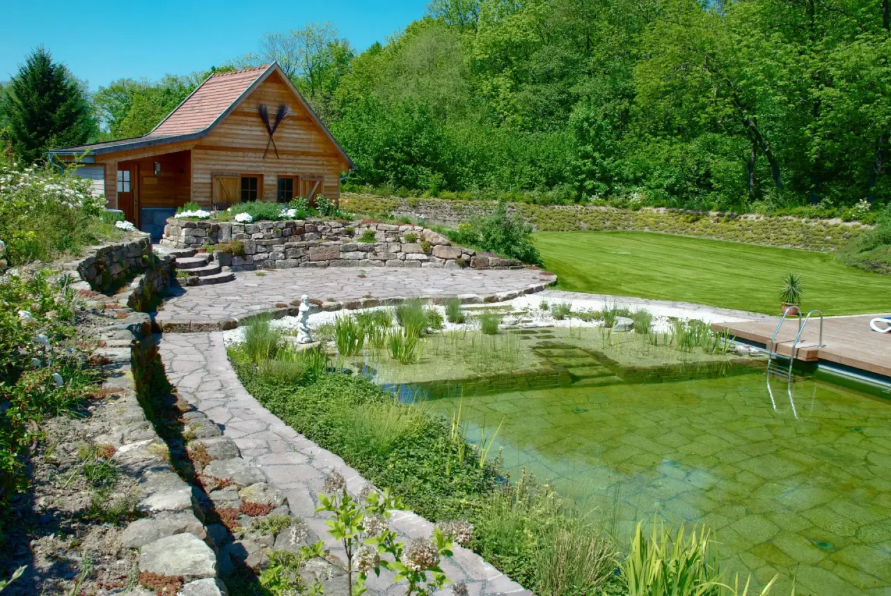 Hotel Hammermühle in Stadtroda – Naturbadeteich mit Holzhaus und Liegewiese | Wellnesshotel Thüringen