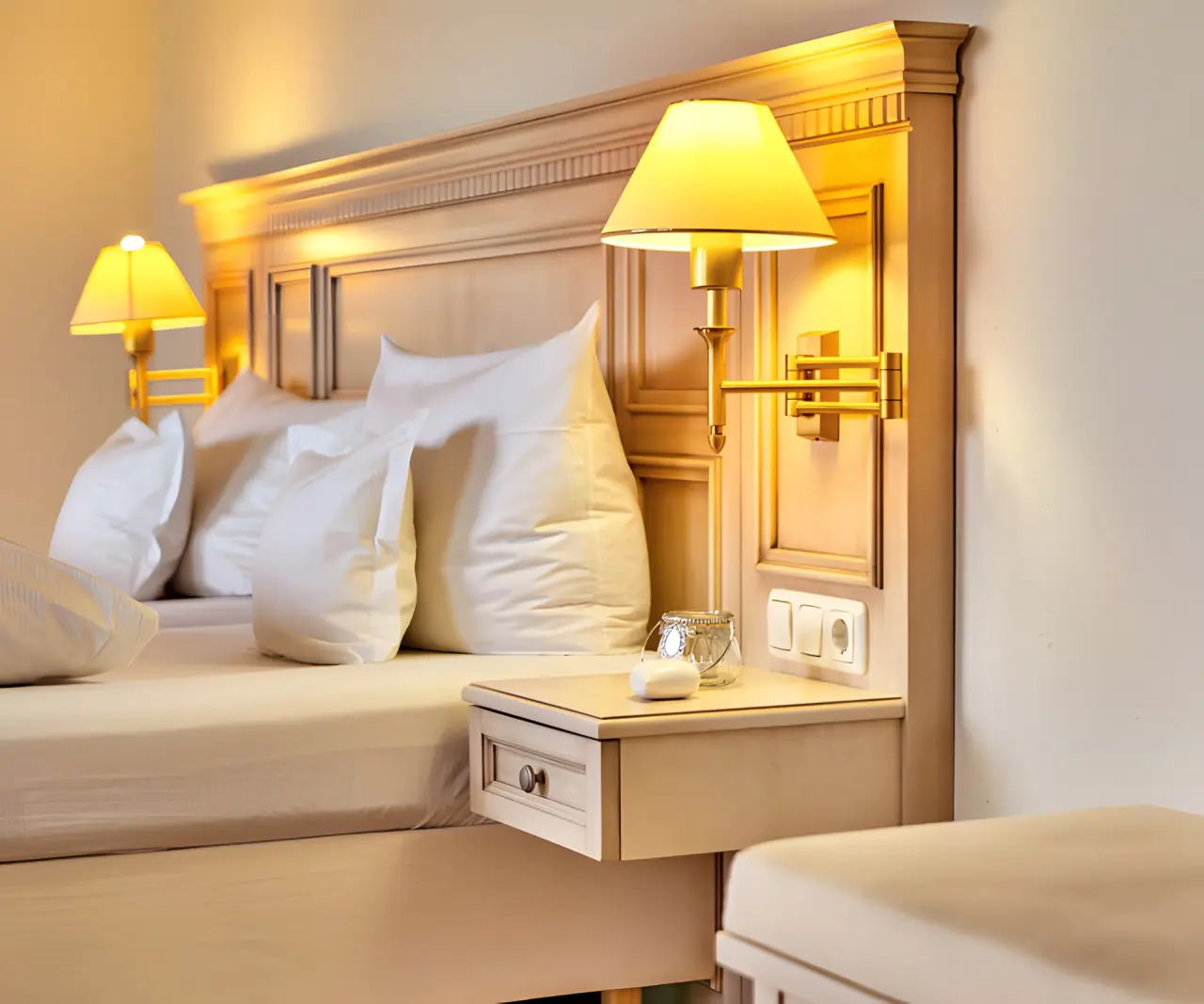 Wellnesshotel St. Gunther in Rinchnach – Detailansicht des Nachttisches mit Leselampe im Hotelzimmer | Wellnesshotel Bayerischer Wald