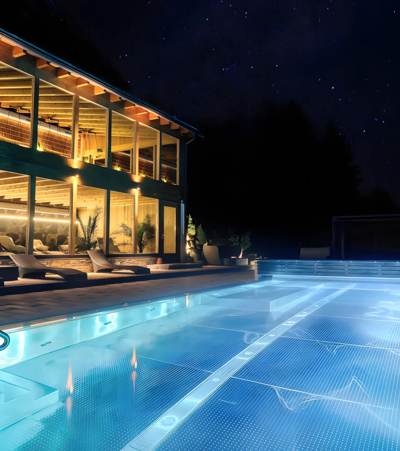Wellnesshotel St. Gunther in Rinchnach – Beleuchteter Außenpool bei Nacht unter Sternenhimmel | Wellnesshotel Bayerischer Wald