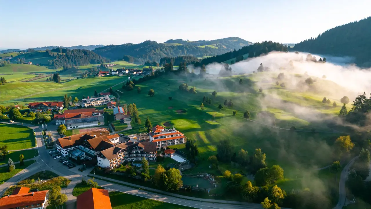 Dein Engel in Oberstaufen – Hotelanlage im malerischen Allgäu mit Nebelschwaden | Wellnesshotel Allgäu