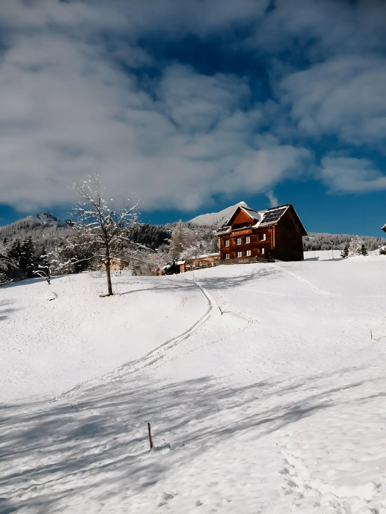 Alpinresort Schillerkopf in Bürserberg – Traditionelles Holzhaus in verschneiter Winterlandschaft | Wellnesshotel Vorarlberg