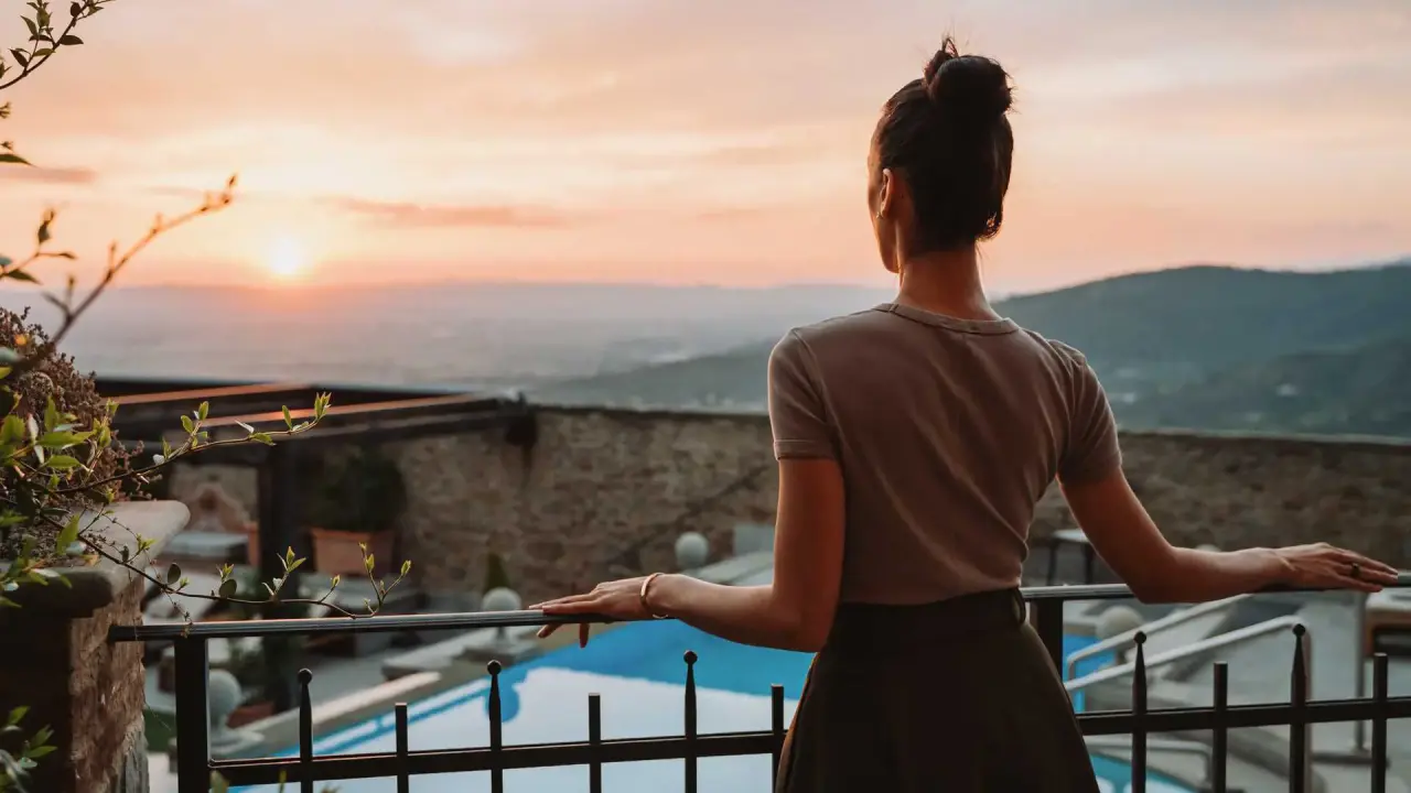 Monastero di Cortona in Cortona – Außenpool mit Liegen und Bergblick | Wellnesshotel Toskana