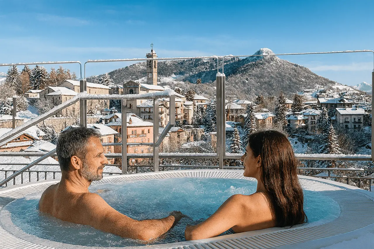 T'Ami Hotel Resort Spa in Selvino – Paar entspannt im Whirlpool mit verschneitem Bergpanorama | Wellnesshotel Lombardei