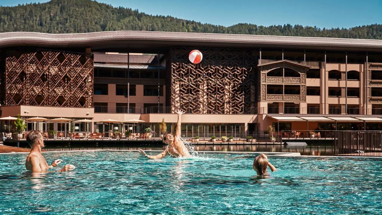 Falkensteiner Family Resort Lido in Bozen – Panoramaansicht des Hotels mit See, Pool und Wasserrutsche | Wellnesshotel Südtirol