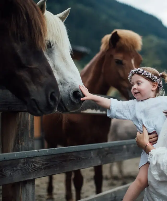 Familien Natur Resort Moar Gut***** in Großarl – Kind streichelt Pferde auf dem Bauernhof | Wellnesshotel Salzburger Land