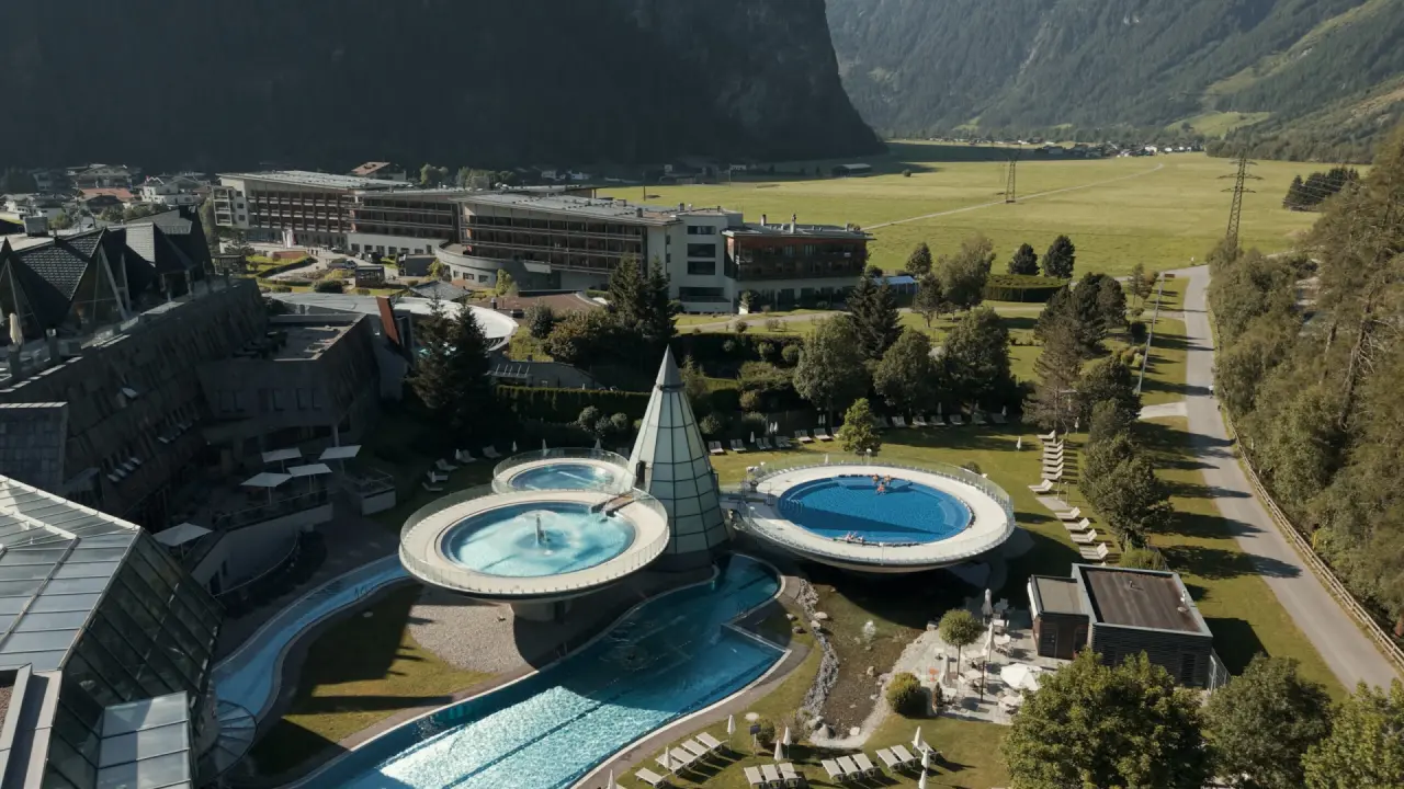 AQUA DOME - Tirol Therme Längenfeld in Längenfeld – Luftaufnahme der Therme mit Außenbecken | Wellnesshotel Tirol