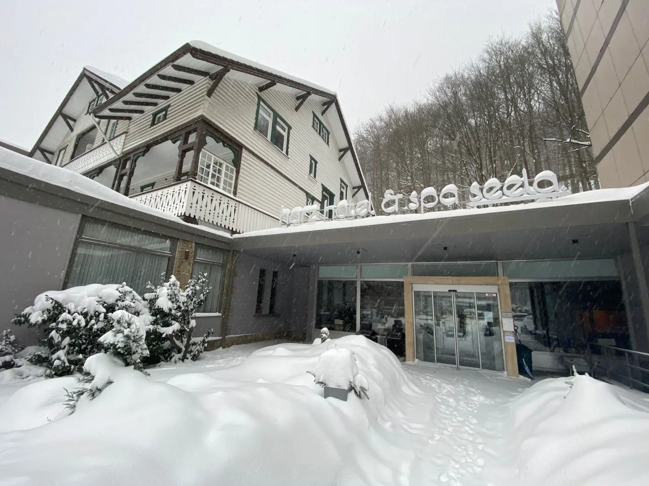 Hotel Seela in Bad Harzburg – Hoteleingang im Winter mit Schnee und verschneiten Bäumen | Wellnesshotel Harz