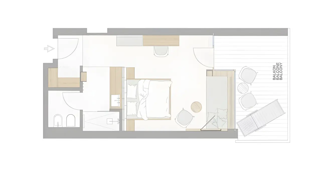 Tauber's Bio Vitalhotel in Ehrenburg – Grundriss eines Hotelzimmers mit Balkon | Wellnesshotel Pustertal