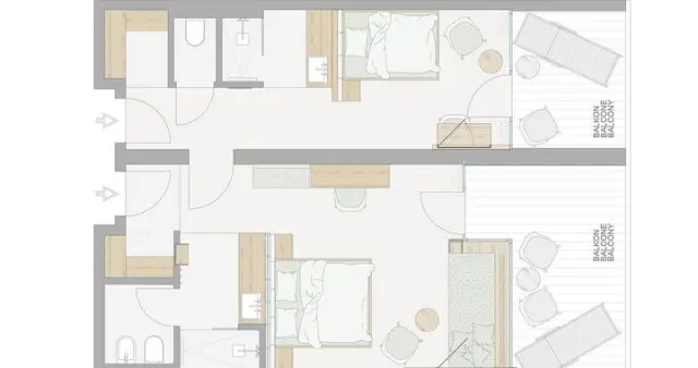 Tauber's Bio Vitalhotel in Ehrenburg – Grundriss von zwei Hotelzimmern mit Balkon | Wellnesshotel Pustertal