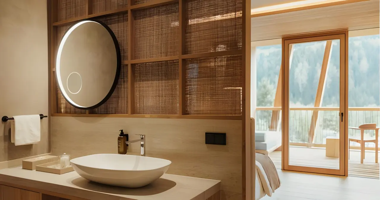 Tauber's Bio Vitalhotel in Ehrenburg – Modernes Badezimmer mit Waschtisch und Spiegel | Wellnesshotel Pustertal