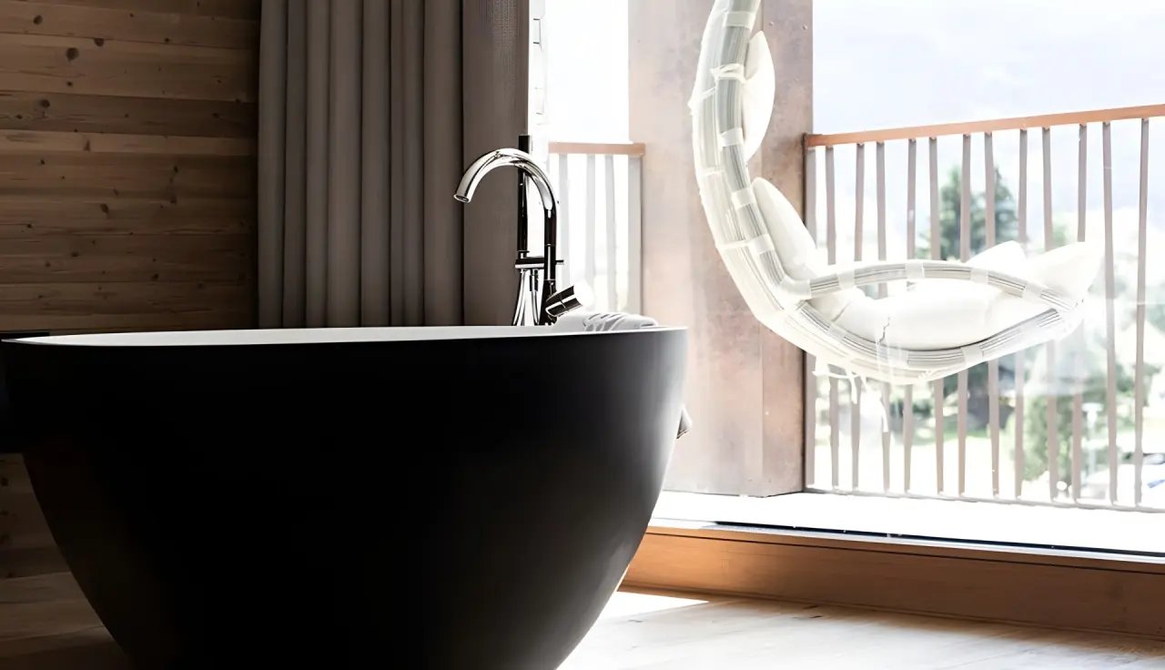 Hotel Traube Post am Reschensee in Reschen – Freistehende Badewanne mit Bergblick vom Balkon | Wellnesshotel Vinschgau