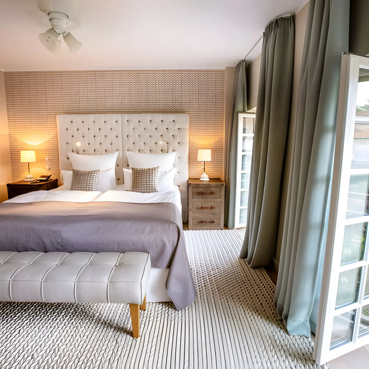 WEISSENHAUS Private Nature Luxury Resort in Hohwacht – Helles Schlafzimmer mit Zugang zur Terrasse | Wellnesshotel Ostsee