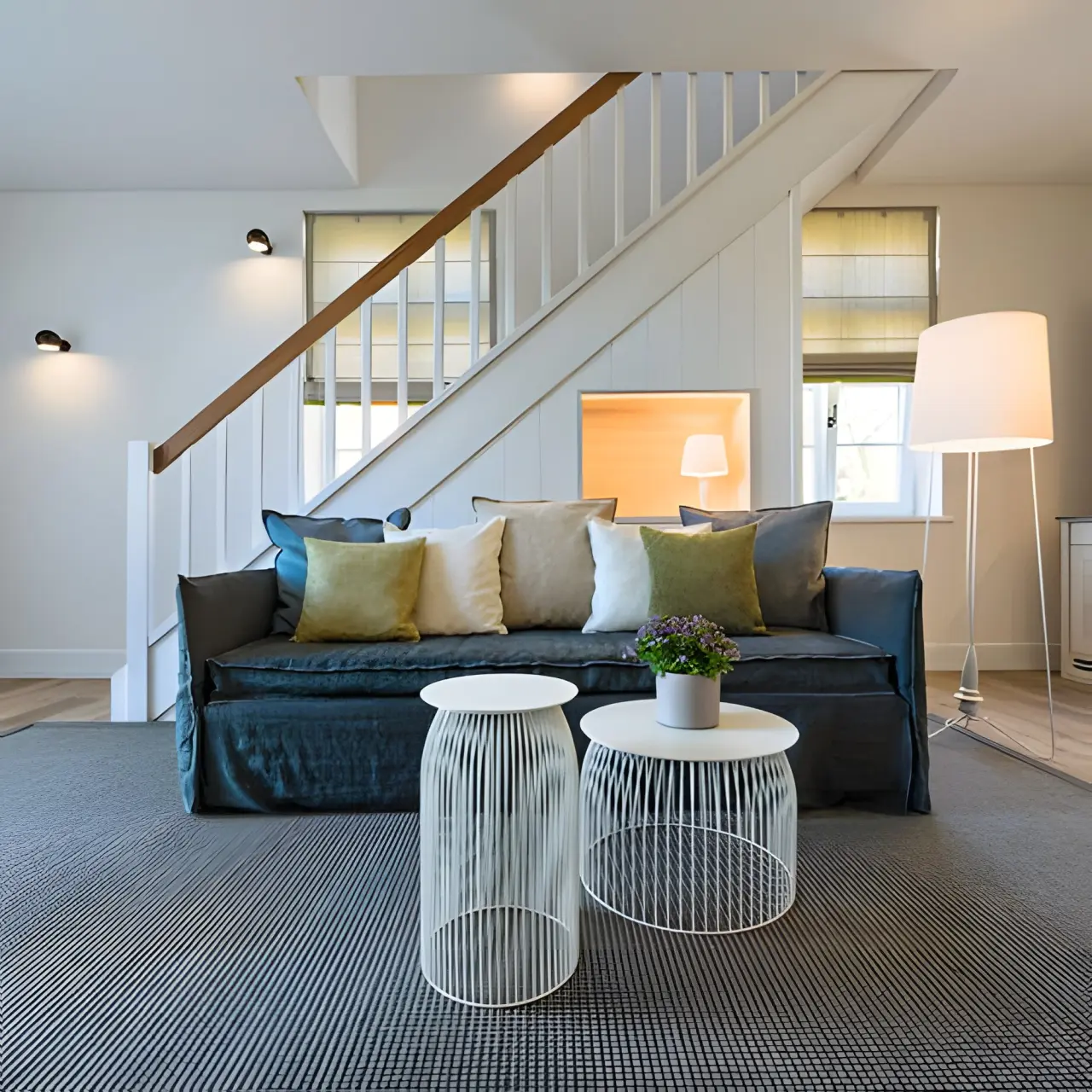 WEISSENHAUS Private Nature Luxury Resort in Hohwacht – Geräumiger Wohnbereich mit Sofa und Treppe | Wellnesshotel Ostsee