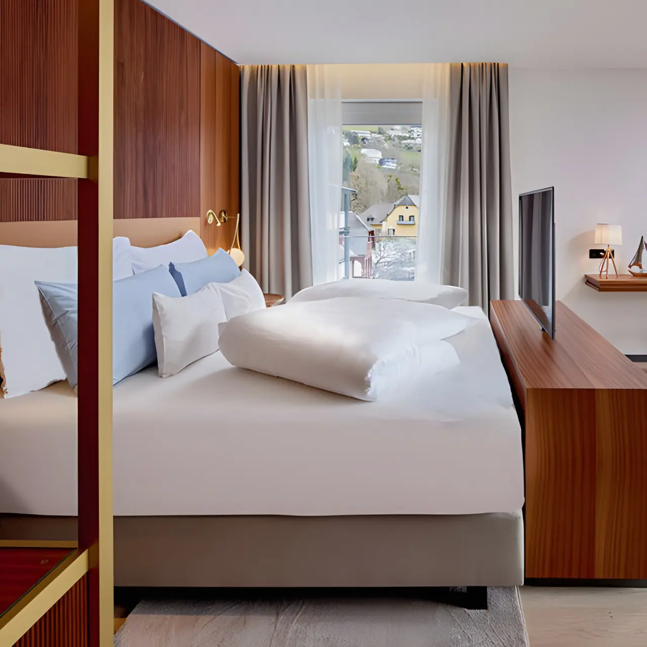 Seeglück Hotel Forelle in Millstatt am See – Komfortables Doppelbett mit Ausblick auf Millstatt | Wellnesshotel Kärnten