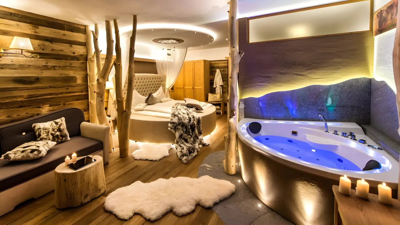 Abinea Dolomiti Romantic SPA Hotel in Kastelruth – Romantische Suite mit Whirlpool und Holzelementen | Wellnesshotel Südtirol