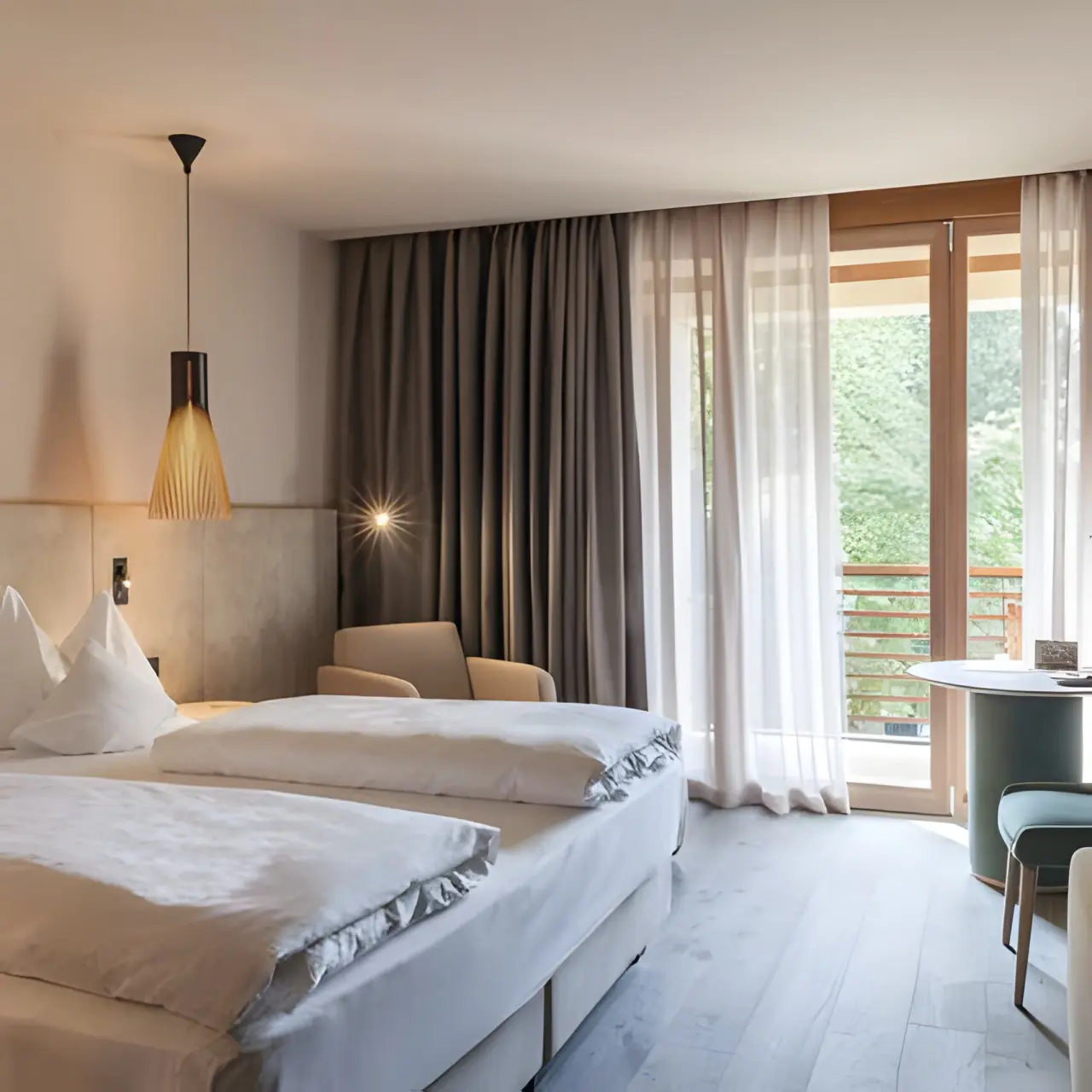 Hotel Therme Meran in Meran – Gemütliches Hotelzimmer mit Balkon und Blick ins Grüne | Wellnesshotel Südtirol